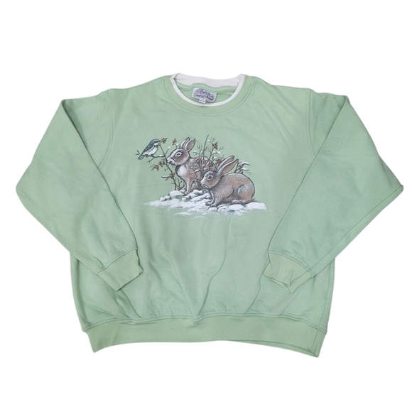 Vintage 90s Green Rabbits Graphic Crewneck Sweatshirt Top Size: Large - Picture 2 of 6